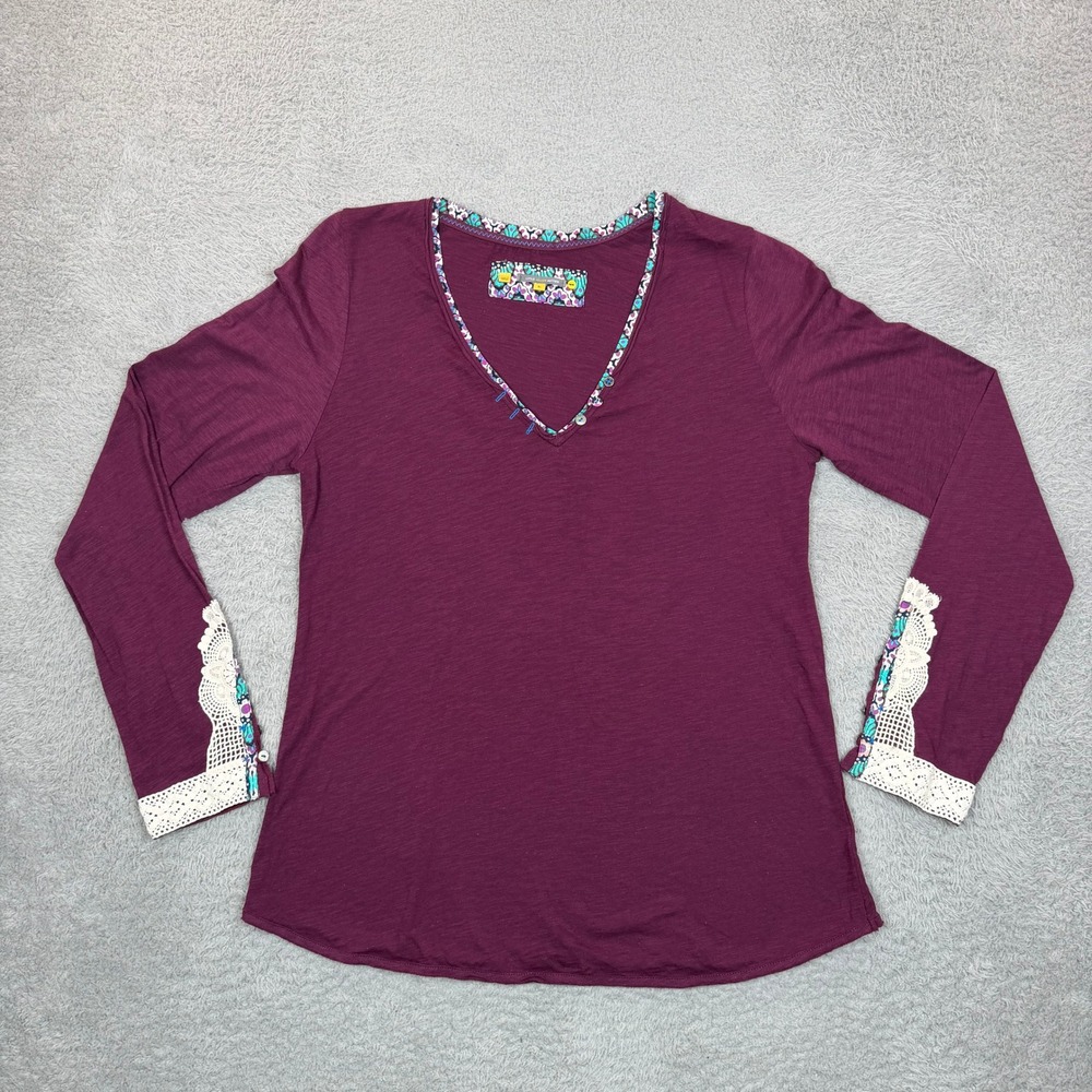 Anthropologie Little Yellow Button Plum Purple Cotton Boho V-Neck Top Size XL